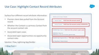 Use Case: Highlight Contact Record Attributes
Surface four different record attribute information:
§ Premier client data pulled from the Account
record
§ Whether the Contact is a primary Contact from
the account contact role
§ Associated open cases
§ Associated open opportunities via opportunity
contact roles
Solution: Flow, Lightning App Builder
>>Blog Post<<
 