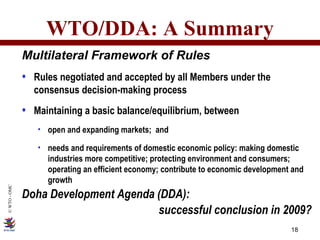 WTO/DDA: A Summary Multilateral Framework of Rules Rules negotiated and accepted by all Members under the consensus decision-making process Maintaining a basic balance/equilibrium, between open and expanding markets;  and needs and requirements of domestic economic policy: making domestic industries more competitive; protecting environment and consumers; operating an efficient economy; contribute to economic development and growth Doha Development Agenda   (DDA):  successful conclusion in 2009? 