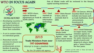Fate of Global trade will be reviewed in the Kenyan
capital starting tomorrow.
DOHA ROUND
 Developing countries to
cut import duties on
agricultural product.
Developed countries to
lower farm subsidies.
 A cut in custom duties
on individual goods.
 Reworked rule for
services to ensure easy
movement of
professionals across
borders & opening
more sectors to FDI
1995
1995 ! WTO is born,
replaces General
Agreement on Trade &
Tariffs (GATT)
1997 ! Deal
reached on
telecom &
Information
technology
2000 ! Doha Round
is born, aims to
conclude deal in
2005
2003 ! In Cancun, African
Counties block move to
include new issues such
as trade facilitation, Govt
procurement,
investment &
competition policy
Trade Ministers from over
160 COUNTRIES
Attempt to break a deadlock faced
faced
By the 20-years-old agency
2015
2014 ! BJP Govt
blocks trade
facilitation deal but
Agrees after the
peace clause tenure
is made permanent
2013 ! Amid Stalemate
on major issues, trade
ministers agrees on
trade facilitation deals
for easier clearance of
goods at ports and
airports.in return, India
gets a “peace Clause”
for four years.
* Source of this data is Times Of India &
Ministry Of Commerce
 
