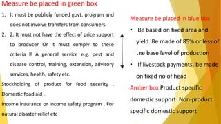 Measure be placed in blue box
• Be based on fixed area and
yield Be made of 85% or less of
the base level of production
• If livestock payments, be made
on fixed no of head
Amber box Product specific
domestic support Non-product
specific domestic support
Measure be placed in green box
1. It must be publicly funded govt. program and
does not involve transfers from consumers.
2. 2. It must not have the effect of price support
to producer Or it must comply to these
criteria A general service e.g. pest and
disease control, training, extension, advisory
services, health, safety etc.
Stockholding of product for food security .
Domestic food aid .
Income insurance or income safety program . For
natural disaster relief etc
 