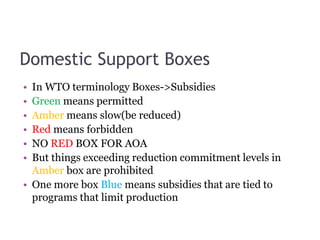 Domestic Support Boxes
• In WTO terminology Boxes->Subsidies
• Green means permitted
• Amber means slow(be reduced)
• Red means forbidden
• NO RED BOX FOR AOA
• But things exceeding reduction commitment levels in
Amber box are prohibited
• One more box Blue means subsidies that are tied to
programs that limit production
 