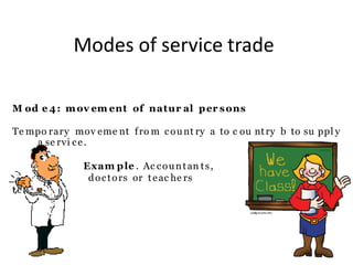 Modes of service trade
M od e 4: mov em ent of natur al per sons
Te mpo rary mov eme nt fro m count ry a to c ou ntry b to su ppl y
a se rvi ce.
Exam ple . Ac countan ts,
doctors or teac he rs
teac he rs
 