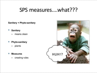 Sanitary + Phyto-sanitary
Sanitary
‣ means clean
Phyto-sanitary
‣ plants
Measures
‣ creating rules
HUH!?
SPS measures....what???
 