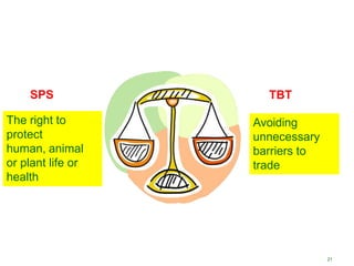 21
The right to
protect
human, animal
or plant life or
health
Avoiding
unnecessary
barriers to
trade
TBT
SPS
 