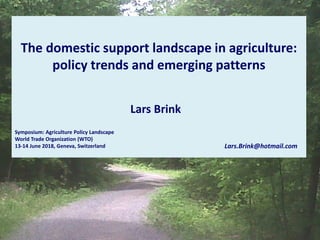 The domestic support landscape in agriculture:
policy trends and emerging patterns
Symposium: Agriculture Policy Landscape
World Trade Organization (WTO)
13-14 June 2018, Geneva, Switzerland Lars.Brink@hotmail.com
Lars Brink
 