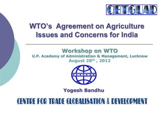 WTO’s Agreement on Agriculture
Issues and Concerns for India
Yogesh Bandhu
Workshop on WTO
U.P. Academy of Administration & Management, Lucknow
August 28th , 2012
 