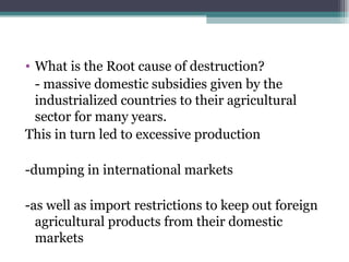 What is the Root cause of destruction? - massive domestic subsidies given by the industrialized countries to their agricultural sector for many years. This in turn led to excessive production -dumping in international markets -as well as import restrictions to keep out foreign agricultural products from their domestic markets 