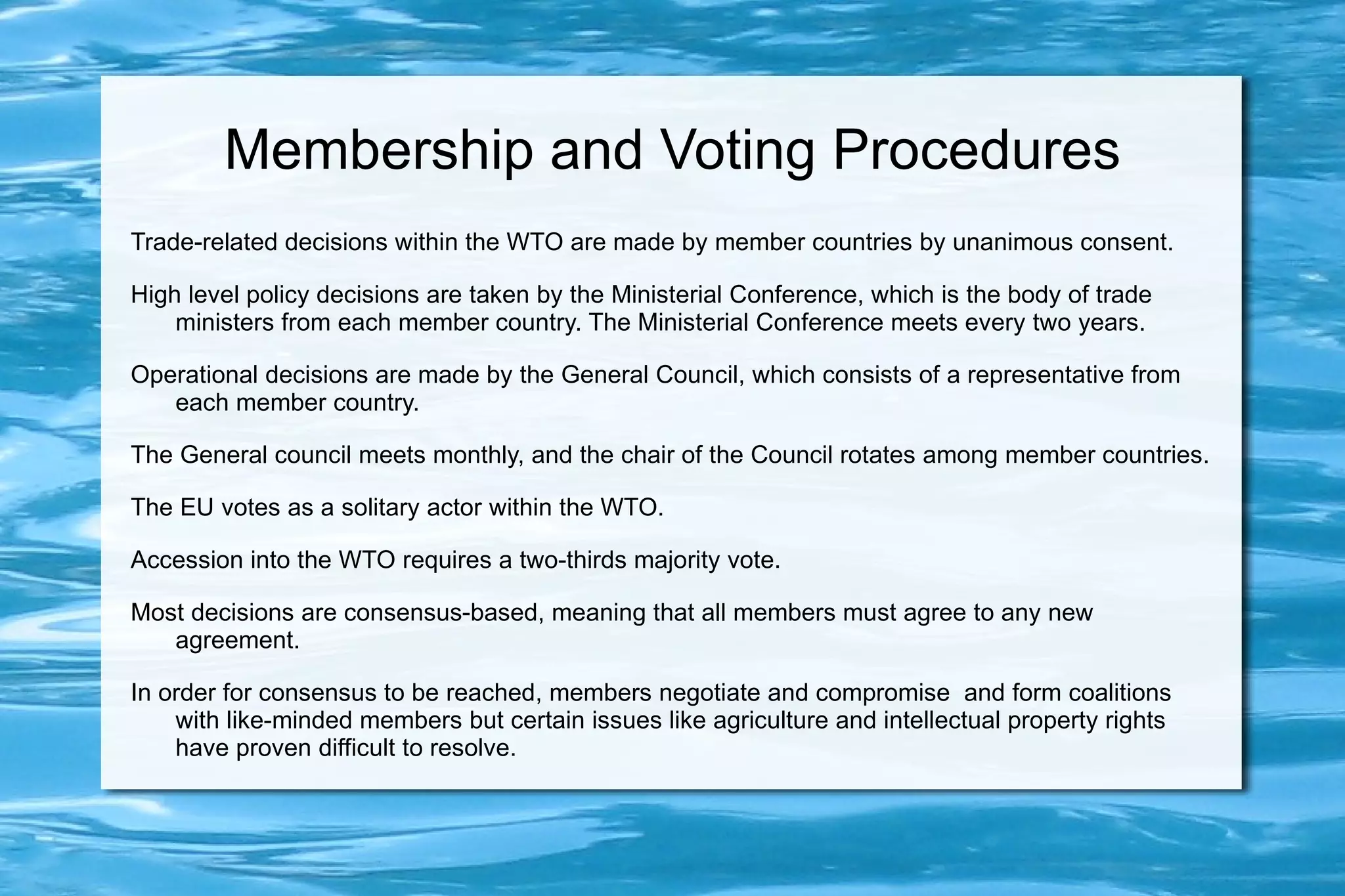 What is the WTO? The World Trade organization (WTO) is the principal international organization governing world trade. 