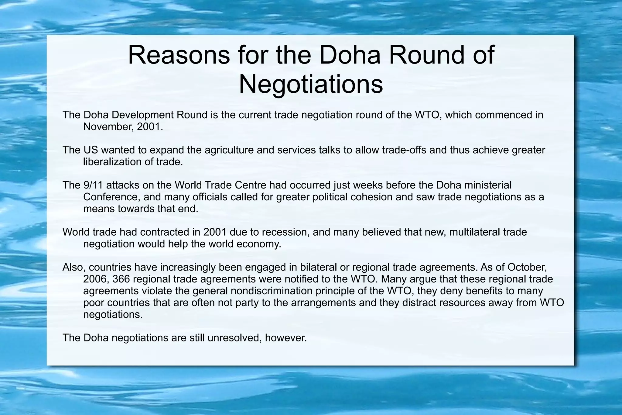 It is an organization for liberalizing international trade, a forum for governments to negotiate trade agreements and to resolve trade disputes. 