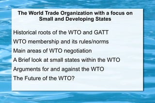 The World Trade Organization with a focus on Small and Developing States ,[object Object]