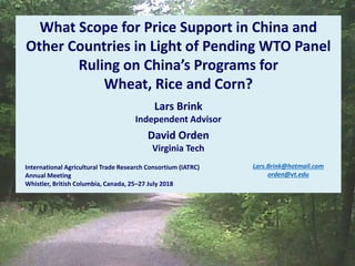 Lars.Brink@hotmail.com
orden@vt.edu
1
What Scope for Price Support in China and
Other Countries in Light of Pending WTO Panel
Ruling on China’s Programs for
Wheat, Rice and Corn?
Lars Brink
Independent Advisor
David Orden
Virginia Tech
Lars.Brink@hotmail.com
orden@vt.edu
International Agricultural Trade Research Consortium (IATRC)
Annual Meeting
Whistler, British Columbia, Canada, 25–27 July 2018
 