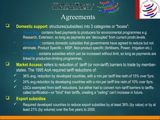 Agreements
 Domestic support: structures(subsidies) into 3 categories or "boxes":
 Green Box: contains fixed payments to producers for environmental programmes e.g.
Research, Extension, so long as payments are ‘decoupled’ from current prodn.levels.
 Amber Box: contains domestic subsidies that governments have agreed to reduce but not
eliminate. Product Specific – MSP, Non-product specific (fertilisers, Power, Irrigation etc.)
 Blue Box: contains subsidies which can be increased without limit, so long as payments are
linked to production-limiting programmes.
 Market Access: refers to reduction of tariff (or non-tariff) barriers to trade by member-
states. The 1995 AoA required tariff reductions of:
 36% avg. reduction by developed countries, with a min.per tariff line redn.of 15% over 5yrs.
 24% avg.reduction by developing countries with a min.per tariff line redn.of 10% over 9yrs.
 LDCs exempted from tariff reductions, but either had to convert non–tariff barriers to tariffs-
called tariffication—or "bind" their tariffs, creating a "ceiling" can’t increase in future.
 Export subsidies
 Required developed countries to reduce export subsidies by at least 36% (by value) or by at
least 21% (by volume) over the five years to 2000.
 