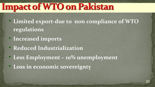  Limited export-due to non compliance of WTO
regulations
 Increased imports
 Reduced Industrialization
 Less Employment – 10% unemployment
 Loss in economic sovereignty
20
 