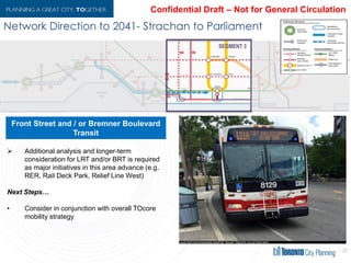 Network Directionto 2041- Strachan to Parliament
31
Front Street Bouleavrd and / or
Bremner Boulevard Transit
 Additional analysis and longer-term
consideration for LRT and/or BRT is required
as major initiatives in this area advance (e.g.
RER, Rail Deck Park, Relief Line West)
Next Steps…
• Consider in conjunction with overall TOcore
mobility strategy
Front Street and / or Bremner Boulevard
Transit
 