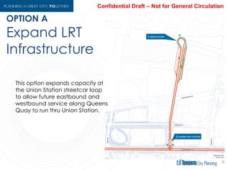 OPTION A
36
Expand LRT
Infrastructure
This option expands capacity at the
Union Station streetcar loop to allow
future eastbound and westbound
service along Queens Quay to run
thru Union Station.
 