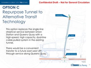 OPTION C
44
Repurpose Tunnel to
Alternative Transit
Technology
This option replaces the single-line
streetcar service between Union Station
and Queens Quay with a high-speed,
high capacity, dual-line cable-pulled
system in the existing tunnel.
There would be a convenient transfer to
a future east-west LRT through service
along Queens Quay.
 