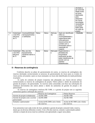 atividade a
                                                                                                  ser exercida.
                                                                                                  Deste modo,
                                                                                                  as horas
                                                                                                  destinadas
                                                                                                  para
                                                                                                  pesquisas
                                                                                                  em novas
                                                                                                  tecnologias
                                                                                                  necessárias
                                                                                                  ao projeto
                                                                                                  farão parte
                                                                                                  do custo do
                                                                                                  projeto.
1.4.    Implantaçã    Incompatibilidade   Baixa      Baixa     Atenuaç  Após ser identificado     - Contrato         Diminui
1       o da Infra-   de Equipamentos                          ão       falha ou
        estrutura     e Softwares                                       incompatibilidade o
        de TI                                                           responsável pela
                                                                        infra-estrutura
                                                                        deverá entrar em
                                                                        contato com o
                                                                        fornecedor para a
                                                                        resolução do
                                                                        mesmo.
1.4.2 Implantaçã      Mau uso dos      Baixa         Baixa    Atenuaçã Supervisionar a            -                  Diminui
      o da Infra-     equipamentos                            o        atividade dos
      estrutura       causando danos a                                 funcionários
      de TI           estes                                            verificando se eles
                                                                       estão trabalhando de
                                                                       acordo com os
                                                                       padrões
                                                                       estabelecidos.

       8 – Reservas de contingência

              Conforme descrito no plano de gerenciamento de custos, as reservas de contingência são
        reservas destinadas exclusivamente ao processo de gerenciamento de riscos para os eventos de
        riscos aceitos ativamente e para os riscos atenuados ou riscos não identificados de modo preliminar
        no projeto.
               As ações de contorno do projeto (respostas não planejadas aos riscos) devem utilizar
        exclusivamente as reservas de contingência do projeto. Outros planos e dentro da autonomia do
        gerente do projeto e do patrocinador. As reservas serão consumidas com base nas solicitações de
        mudanças provenientes dos outros planos e dentro da autonomia do gerente do projeto e do
        patrocinador.
               As reservas de contingência totalizam R$ 5.000, e o gerente de projeto tem as seguintes
        autonomias quanto à utilização das reservas:
                                              Reservas de Contingência             Outras Reservas
        Gerente de projeto isoladamente       Até R$ 1000                          Até R$ 1500
        Gerente do projeto com o aval do Até R$ 2000                               Até R$ 3000
        patrocinador
        Somente o patrocinador                Acima de R$ 2000 e até o limite      Acima de R$ 3000 e até o limite
                                              das reservas                         das reservas

        Essa autonomia é por cada evento de risco, podendo o gerente de projeto consumir toda a reserva,
        desde que em diversas diferentes eventos. Com o fim das reservas, somente o patrocinador poderá
        solicitar a criação de novas reservas conforme será apresentado a seguir nesse plano.
 
