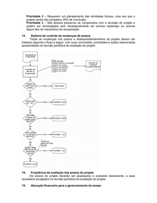 Prioridade 2 – Requerem um planejamento das atividades futuras, uma vez que o
      projeto ainda não completou 25% de conclusão.
      Prioridade 3 – São atrasos pequenos se comparados com a duração do projeto e
      podem ser remanejados sem necessariamente ser preciso replanejar ou acionar
      algum tipo de mecanismo de recuperação.

13.    Sistema de controle de mudanças de prazos
      Todas as mudanças nos prazos e atrasos/adiantamentos do projeto devem ser
tratados segundo o fluxo a seguir, com suas conclusões, prioridades e ações relacionadas
apresentadas na reunião periódica de avaliação do projeto.




14.     Freqüência de avaliação dos prazos do projeto
       Os prazos do projeto deverão ser atualizados e avaliados diariamente, e seus
resultados divulgados na reunião periódica de avaliação do projeto.

15.      Alocação financeira para o gerenciamento do tempo
 