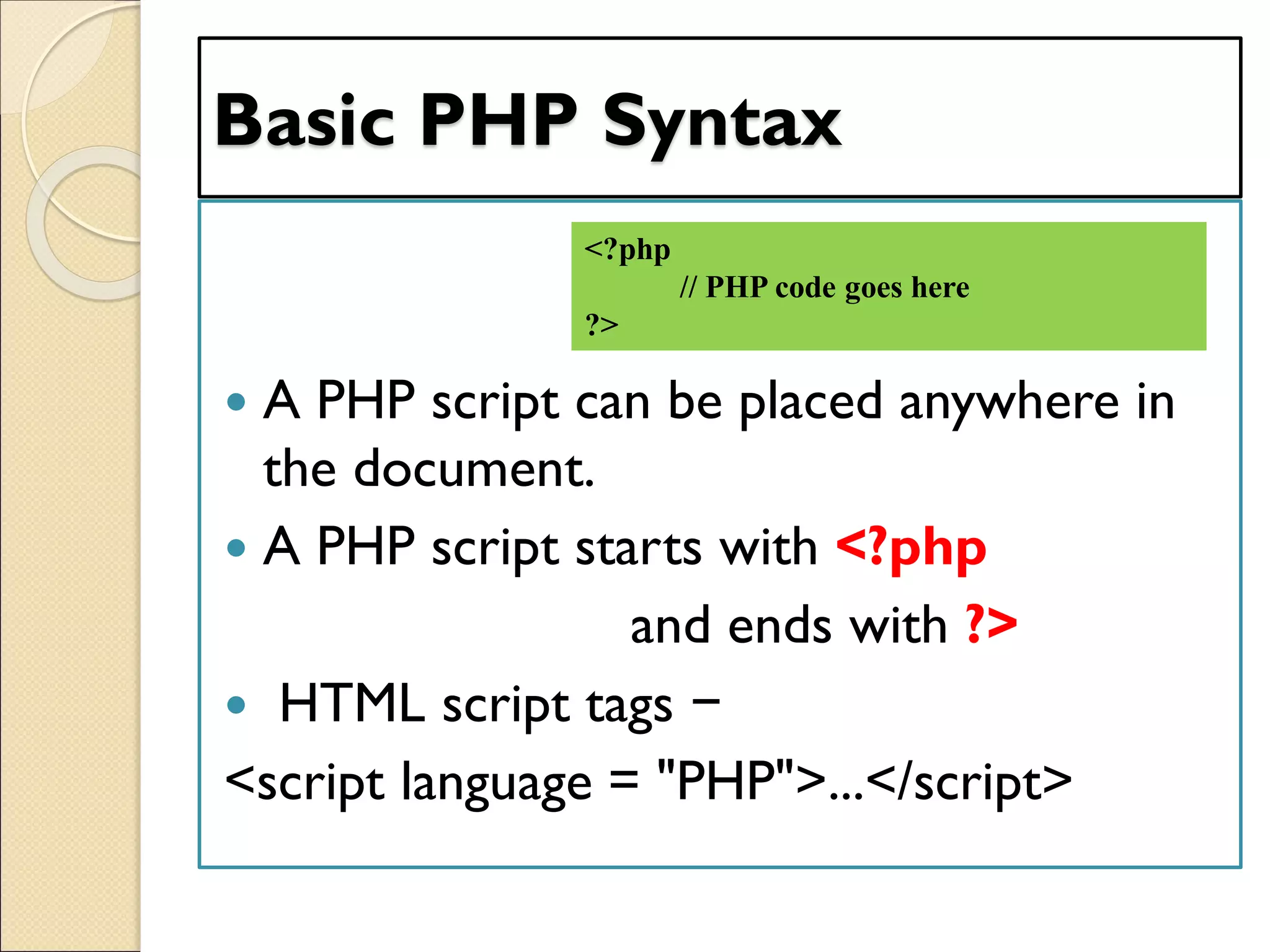 Basic PHP Syntax
 A PHP script can be placed anywhere in
the document.
 A PHP script starts with <?php
and ends with ?>
 HTML script tags −
<script language = "PHP">...</script>
<?php
// PHP code goes here
?>
 