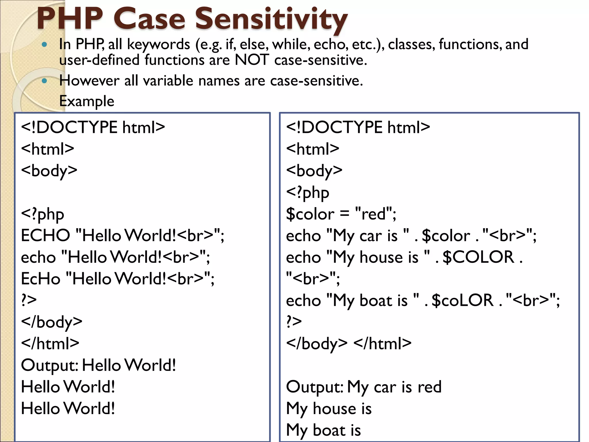 PHP Case Sensitivity
 In PHP, all keywords (e.g. if, else, while, echo, etc.), classes, functions, and
user-defined functions are NOT case-sensitive.
 However all variable names are case-sensitive.
Example
<!DOCTYPE html>
<html>
<body>
<?php
$color = "red";
echo "My car is " . $color . "<br>";
echo "My house is " . $COLOR .
"<br>";
echo "My boat is " . $coLOR . "<br>";
?>
</body> </html>
Output: My car is red
My house is
My boat is
<!DOCTYPE html>
<html>
<body>
<?php
ECHO "HelloWorld!<br>";
echo "HelloWorld!<br>";
EcHo "HelloWorld!<br>";
?>
</body>
</html>
Output: Hello World!
Hello World!
Hello World!
 