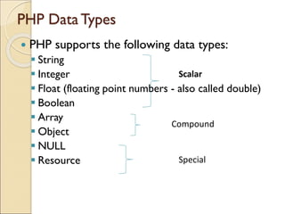 PHP DataTypes
 PHP supports the following data types:
▪ String
▪ Integer
▪ Float (floating point numbers - also called double)
▪ Boolean
▪ Array
▪ Object
▪ NULL
▪ Resource
Compound
Special
Scalar
 