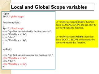 Local and Global Scope variables
<?php
$x=5; // global scope
function myTest()
{
$y=10; // local scope
echo "<p>Test variables inside the function:<p>";
echo "Variable x is: $x";
echo "<br>";
echo "Variable y is: $y";
}
myTest();
echo "<p>Test variables outside the function:<p>";
echo "Variable x is: $x";
echo "<br>";
echo "Variable y is: $y";
?>
A variable declared outside a function
has a GLOBAL SCOPE and can only be
accessed outside a function.
A variable declared within a function
has a LOCAL SCOPE and can only be
accessed within that function.
 