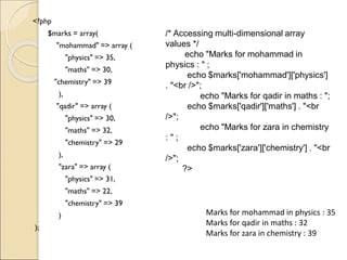 <?php
$marks = array(
"mohammad" => array (
"physics" => 35,
"maths" => 30,
"chemistry" => 39
),
"qadir" => array (
"physics" => 30,
"maths" => 32,
"chemistry" => 29
),
"zara" => array (
"physics" => 31,
"maths" => 22,
"chemistry" => 39
)
);
Marks for mohammad in physics : 35
Marks for qadir in maths : 32
Marks for zara in chemistry : 39
/* Accessing multi-dimensional array
values */
echo "Marks for mohammad in
physics : " ;
echo $marks['mohammad']['physics']
. "<br />";
echo "Marks for qadir in maths : ";
echo $marks['qadir']['maths'] . "<br
/>";
echo "Marks for zara in chemistry
: " ;
echo $marks['zara']['chemistry'] . "<br
/>";
?>
 