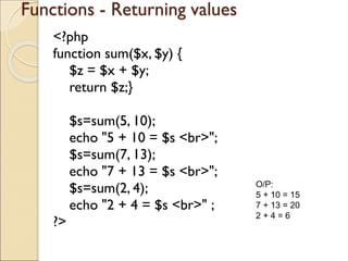 Functions - Returning values
<?php
function sum($x, $y) {
$z = $x + $y;
return $z;}
$s=sum(5, 10);
echo "5 + 10 = $s <br>";
$s=sum(7, 13);
echo "7 + 13 = $s <br>";
$s=sum(2, 4);
echo "2 + 4 = $s <br>" ;
?>
O/P:
5 + 10 = 15
7 + 13 = 20
2 + 4 = 6
 