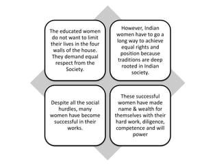 The educated women
do not want to limit
their lives in the four
walls of the house.
They demand equal
respect from the
Society.
However, Indian
women have to go a
long way to achieve
equal rights and
position because
traditions are deep
rooted in Indian
society.
Despite all the social
hurdles, many
women have become
successful in their
works.
These successful
women have made
name & wealth for
themselves with their
hard work, diligence,
competence and will
power
 