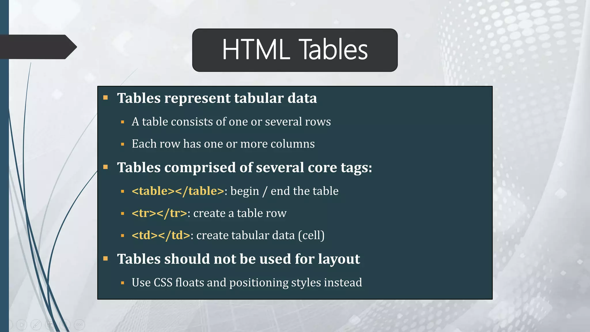HTML Tables and Forms | PPTX | Web Design and HTML | Internet