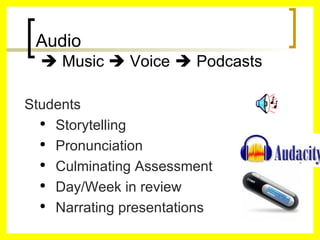 Audio     Music    Voice     Podcasts Students Storytelling Pronunciation Culminating Assessment Day/Week in review Narrating presentations 