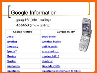 Google Information goog411  (info – calling) 466 453  (info – texting) 