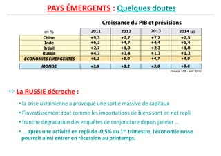 PAYS ÉMERGENTS : Quelques doutes
La RUSSIE décroche :
• la crise ukrainienne a provoqué une sortie massive de capitaux• la crise ukrainienne a provoqué une sortie massive de capitaux
• l’investissement tout comme les importations de biens sont en net repli
• franche dégradation des enquêtes de conjoncture depuis janvier …
• … après une activité en repli de -0,5% au 1er trimestre, l’économie russe
pourrait ainsi entrer en récession au printemps.
 