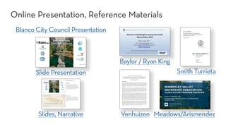 City of Blanco Presentation
Protect Our Blanco and related organizations
slide 1:
Peaceful Balance
We ask to join you in a new start toward peaceful
cooperation as neighbors along our shared river valley.
We hope you will partner with us to build on our points of
agreement. If we pool our resources as a team, there can
be great fortune for the people of Blanco and a clear future
for the waters in the Blanco River Basin. We do not wish to
hinder growth and development, only to make sure it occurs
without wastewater discharge into the Blanco River.
The	Blanco	River	is	Our	Legacy
August 20 2020
Blanco River Valley
Peaceful Balance
Growth and
Development
without Discharge
. From Kendall County to Blanco to Wimberley to San Marcos
. From Blanco State Park to The Narrows to El Rancho Cima
We Share One River
Blanco River Valley
1
2
slide 2:
We Share One River
The Blanco River needs our stewardship. It springs out of
the ground in Kendall County east of Luckenbach and runs
shallow its entire 87 miles until it meets the San Marcos
River. To the water, there’s no difference between Blanco
and Wimberley and San Marcos. They’re just another bend
in the river, like Blanco State Park, The Narrows, and El
Rancho Cima.
The	Blanco	River	is	Our	Legacy
August 20 2020
Blanco River Valley
Peaceful Balance
Growth and
Development
without Discharge
Blanco City Council Presentation
Slide Presentation
Slides, Narrative
Nutrient and biological assessment of the
Blanco River, 2019
Ryan S. King, Ph.D.
Professor and Graduate Program Director
Department of Biology
Center for Reservoir and Aquatic Systems Research
Baylor University, Waco, TX
www.baylor.edu/aquaticlab
Public comment prepared for Blanco City Council, August 2020
THIS IS THE TITLE
PRESENTER’S NAME
PRESENTED TO: INSERT NAME
LOCATION, DATE
1
WIMBERLEY VALLEY
WATERSHED ASSOCIATION:
CLEAN RIVERS PROGRAM OVERVIEW
Sandra S. Arismendez, PhD
Guadalupe-Blanco River Basin Steering Committee Meeting
August 20, 2020
CITY OF BLANCO
PRELIMINARY INVESTIGATIONS AND REPORT
WASTEWATER COLLECTION SYSTEM IMPROVEMENTS
FOR PROPOSED SERVICE AREA
January 2, 2020
Smith Turrieta Engineering
TBPE No. F-16076
PO Box 5902
Austin, TX 78763
512.569.9022
susan@smithturrieta.com
CITY OF BLANCO WASTEWATER SYSTEM
REVIEW OF CONVENTIONAL CENTRALIZED SYSTEM COLLECTION SYSTEM
COSTS IN AREA SOUTH OF THE BLANCO RIVER AND ANALYSIS OF COSTS TO
PROVIDE SERVICE WITH A DECENTRALIZED CONCEPT STRATEGY
Prepared for Protect Our Blanco
by David Venhuizen, P.E.
INTRODUCTION
A report, dated January 2, 2020, titled “City of Blanco, Preliminary Investigations and Report,
Wastewater Collection System Improvements for Proposed Service Area” was submitted by Smith
Turrieta Engineering. Protect Our Blanco (POB) requested a review of that report and an analysis of
the facilities that would be needed to provide wastewater service to the area in question by pursuing
instead a “decentralized concept” strategy, and for cost estimates to implement those facilities, instead
of extending the conventional collection system throughout this area. This report provides that review
and analysis.
The Smith Turrieta report addresses the area south of the Blanco River that is defined by the City of
Blanco as the service area of its wastewater management system. This includes areas within the current
Blanco city limits, within its current extraterritorial jurisdiction (ETJ), and areas outside of the ETJ. The
report states that the current city limits encompasses about 1,400 acres, some of which is “currently
undeveloped or under developed”, and that the additional area with its defined wastewater system
service area is 8,500 acres. The portion of these areas south of the river were divided into 14 areas,
covering approximately 3,930 acres.
The Smith Turrieta report sets forth the collection mains and lift stations asserted to be needed to
collect wastewater from this area and to deliver it to the centralized treatment plant. It asserts that the
required facilities consist of 15,800 linear feet of collection main and 2 lift stations. The projected cost of
these facilities is $5.6 million, not including any costs of easement acquisition, plus $1.25 million for
engineering, surveying and geotechnical investigations, yielding a total cost of $6.85 million. Not
included in these projected costs for providing wastewater service to this area is the cost of treatment
plant expansion to accommodate the projected flow and the cost of all collection lines, and perhaps lift
stations, within each development and/or to route flows from a development to one of the trunk mains.
Nor does it include any costs for routing flows from the lift stations to the current treatment plant
location. Therefore, the projected cost represents only a partial cost of solely collecting the wastewater
from the area and taking it “away” to a point within the current collection system within the city limits.
The report also addresses routing of treated effluent – reclaimed water – from the current treatment
plant location to the defined service area for reuse. The facility for this is asserted to be 15,800 linear
feet of reclaimed waterline. The projected cost of this line is $1.1 million, with a note that “cost does not
include design, survey, geotechnical investigations, easement acquisition or construction cost for pump
station/elevated storage”. Therefore, this cost too is a very truncated estimate of the total cost of
attaining a reuse benefit from the reclaimed water, as it omits not only the items noted but also any
facilities to actually disperse and utilize this water within or around the developments.
Venhuizen Meadows/Arismendez
Baylor / Ryan King
Smith Turrieta
Online Presentation, Reference Materials
 