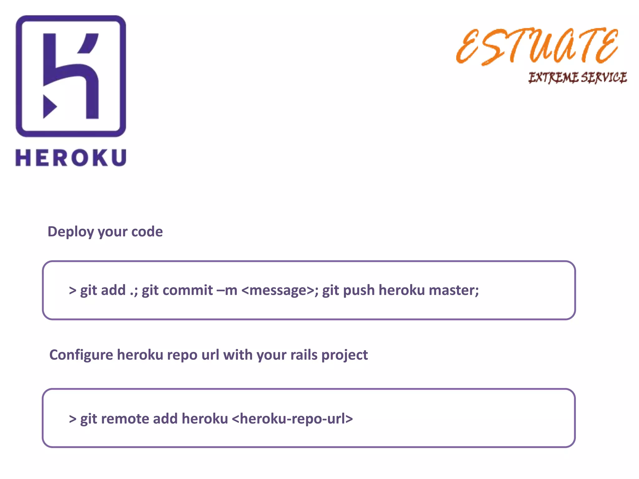 Deploy your code
> git add .; git commit –m <message>; git push heroku master;
Configure heroku repo url with your rails project
> git remote add heroku <heroku-repo-url>
 