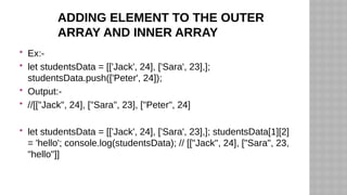 ADDING ELEMENT TO THE OUTER
ARRAY AND INNER ARRAY
 Ex:-
 let studentsData = [['Jack', 24], ['Sara', 23],];
studentsData.push(['Peter', 24]);
 Output:-
 //[["Jack", 24], ["Sara", 23], ["Peter", 24]
 let studentsData = [['Jack', 24], ['Sara', 23],]; studentsData[1][2]
= 'hello'; console.log(studentsData); // [["Jack", 24], ["Sara", 23,
"hello"]]
 