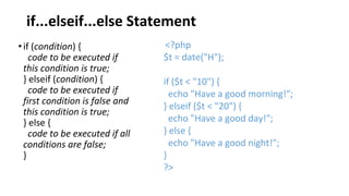 if...elseif...else Statement
•if (condition) {
code to be executed if
this condition is true;
} elseif (condition) {
code to be executed if
first condition is false and
this condition is true;
} else {
code to be executed if all
conditions are false;
}
<?php
$t = date("H");
if ($t < "10") {
echo "Have a good morning!";
} elseif ($t < "20") {
echo "Have a good day!";
} else {
echo "Have a good night!";
}
?>
 