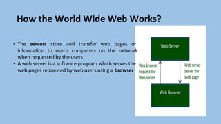 How the World Wide Web Works?
• The servers store and transfer web pages or
information to user's computers on the network
when requested by the users
• A web server is a software program which serves the
web pages requested by web users using a browser
 