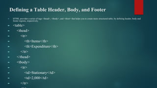 Defining a Table Header, Body, and Footer
► HTML provides a series of tags <thead>, <tbody>, and <tfoot> that helps you to create more structured table, by defining header, body and
footer regions, respectively.
► <table>
► <thead>
► <tr>
► <th>Items</th>
► <th>Expenditure</th>
► </tr>
► </thead>
► <tbody>
► <tr>
► <td>Stationary</td>
► <td>2,000</td>
► </tr>
 