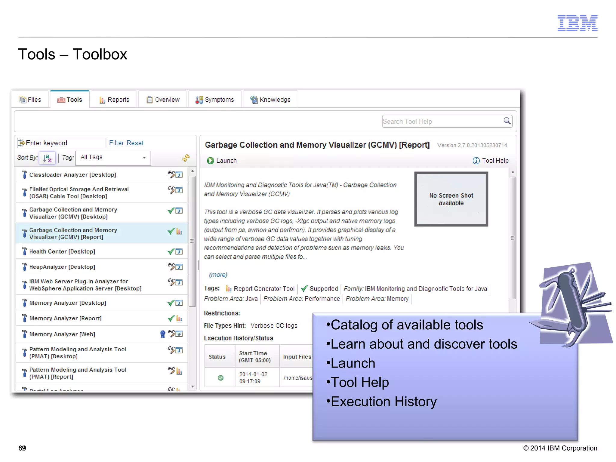 Tools – Toolbox 
•Catalog of available tools 
•Learn about and discover tools 
•Launch 
•Tool Help 
•Execution History 
© 2014 6699 IBM Corporation 
 
