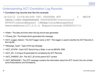 Understanding XCT Correlation Log Records 
 Correlation log records look like this example: 
[4/23/12 13:54:44:509 IST] 0000008e XCT I BEGIN 
AAADx/itMDz-AAAAAAAAAAA 00000000000-cccccccccc2 
HTTPCF(InboundRequest /JMSApp/LocalMessageSend 
RemoteAddress(127.0.0.1) RequestContext(2082603117)) 
 <Date>: The date and time when the log record was generated 
 <Thread_ID>: The thread which generated this message 
 <XCT_Logger_Name>: The XCT logger name is XCT. This logger is used to identify the XCT Records in 
the Log file 
 <Message_Type>: Type of the log message 
 <XCT_STATE>: Each XCT Record has a State, it can be BEGIN, END 
 <XCT_ID>: A Unique ID generated for correlating the XCT Records 
 <XCT_PARENT_ID>: The XCT_ID of the parent XCT context 
 <XCT_MESSAGE>: The XCT message contains the information about the XCT record; this can contain 
some Associations and Annotations 
© 2014 4499 IBM Corporation 
 