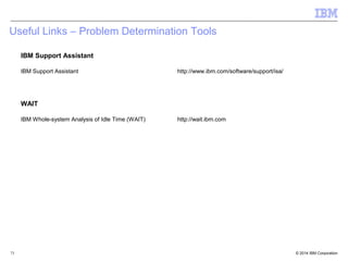 Useful Links – Problem Determination Tools 
IBM Support Assistant 
IBM Support Assistant http://www.ibm.com/software/support/isa/ 
WAIT 
IBM Whole-system Analysis of Idle Time (WAIT) http://wait.ibm.com 
© 2014 73 IBM Corporation 
 