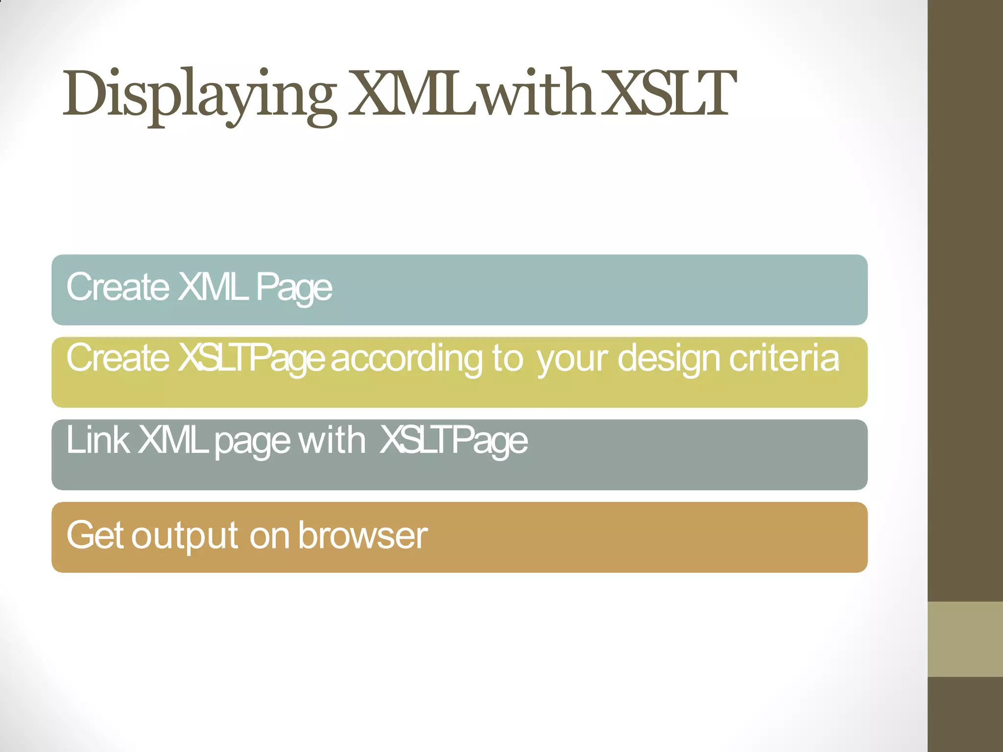 DisplayingXMLwithXSLT
Create XMLPage
Create XSLTPageaccording to your design criteria
Link XMLpagewith XSLTPage
Get output onbrowser
 