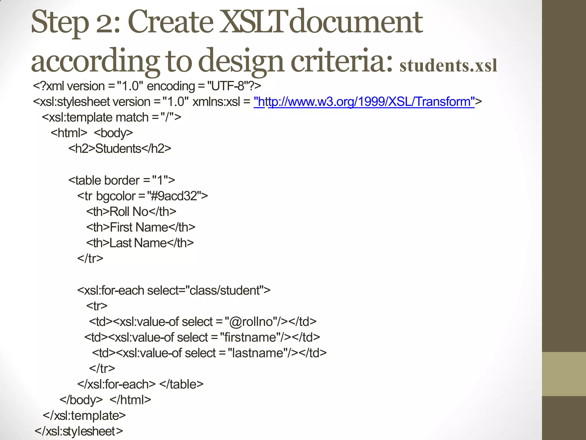 Step 2: Create XSLTdocument
accordingtodesigncriteria:students.xsl
<?xml version ="1.0" encoding ="UTF-8"?>
<xsl:stylesheet version ="1.0" xmlns:xsl = "http://www.w3.org/1999/XSL/Transform">
<xsl:template match ="/">
<html> <body>
<h2>Students</h2>
<table border ="1">
<tr bgcolor ="#9acd32">
<th>Roll No</th>
<th>First Name</th>
<th>Last Name</th>
</tr>
<xsl:for-each select="class/student">
<tr>
<td><xsl:value-of select ="@rollno"/></td>
<td><xsl:value-of select ="firstname"/></td>
<td><xsl:value-of select ="lastname"/></td>
</tr>
</xsl:for-each> </table>
</body> </html>
</xsl:template>
</xsl:stylesheet>
 