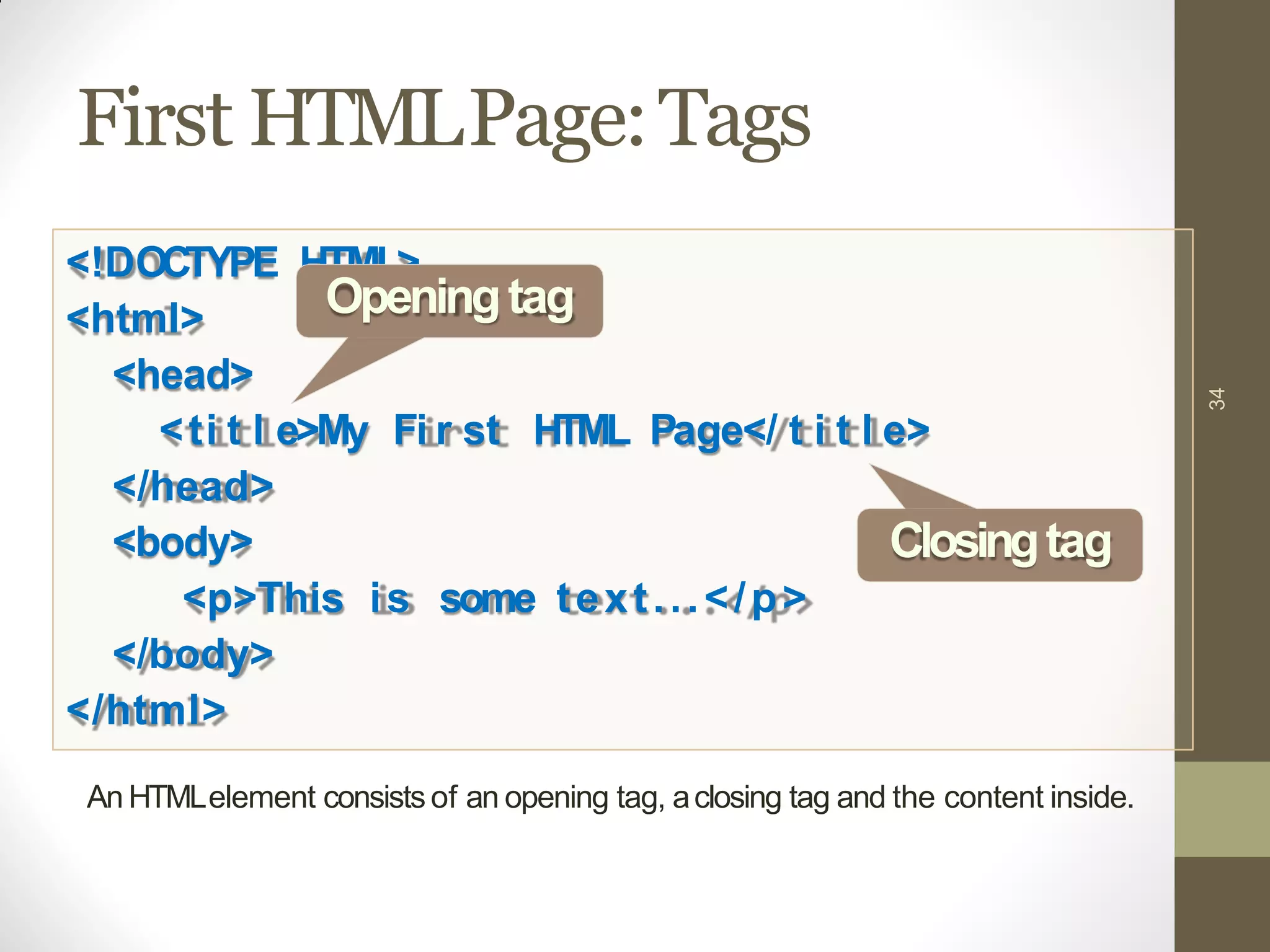 <!DOCTYPE HTML>
<html>
<head>
<ti t l e>My Fi r st HTML Page</ t i t l e>
</head>
<body>
<p>This is some text...</p>
</body>
</html>
First HTMLPage:Tags
34
Openingtag
Closingtag
An HTMLelement consists of an opening tag, aclosing tag and the content inside.
 