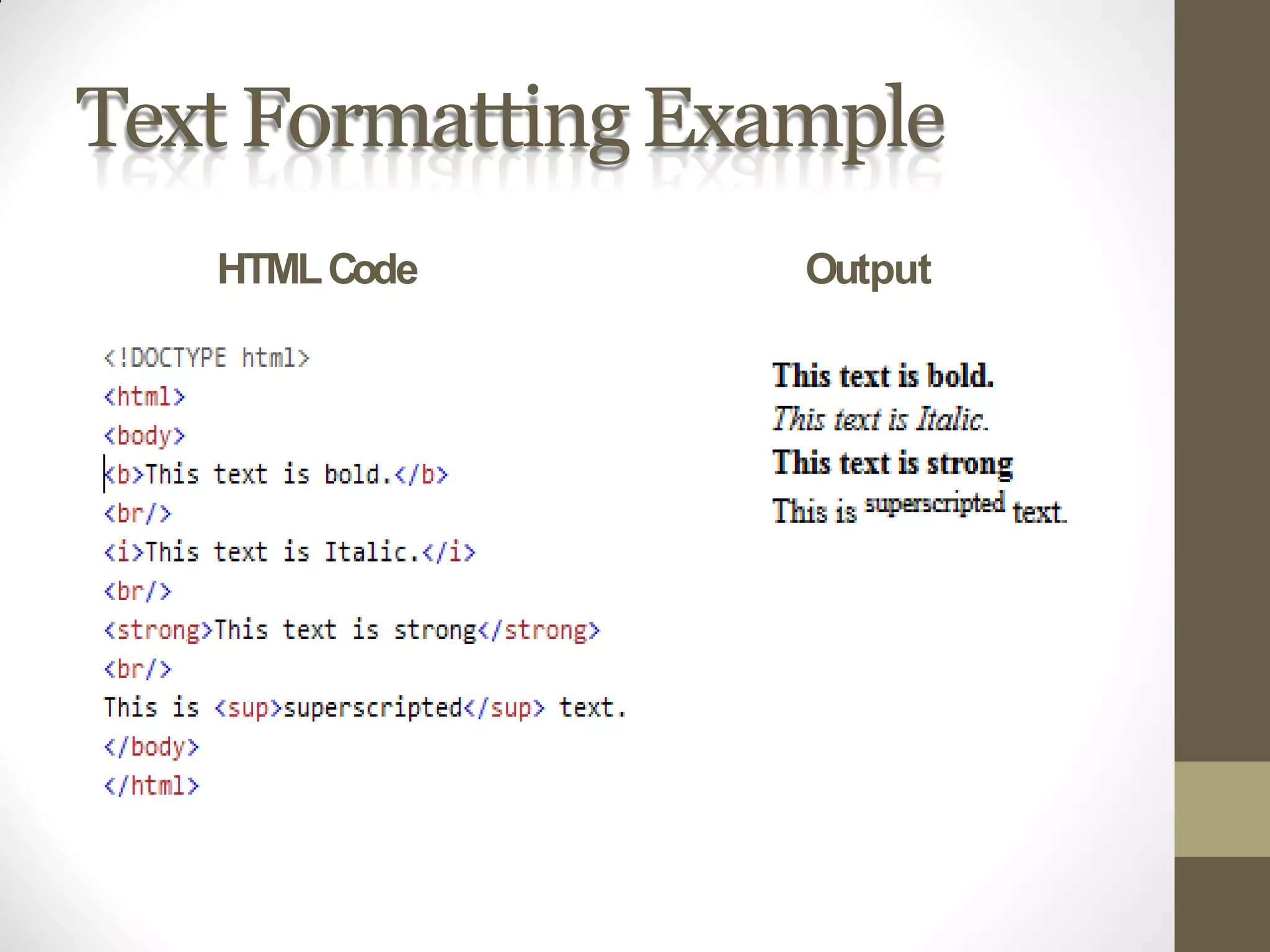 TextFormattingExample
HTMLCode Output
 