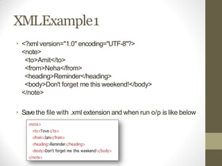 XMLExample1
• <?xml version="1.0" encoding="UTF-8"?>
<note>
<to>Amit</to>
<from>Neha</from>
<heading>Reminder</heading>
<body>Don't forget me this weekend!</body>
</note>
• Savethe file with .xml extension and when run o/p is like below
 