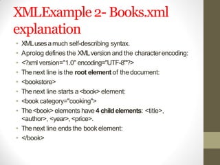 XMLExample2- Books.xml
explanation
• XMLusesamuch self-describing syntax.
• Aprolog defines the XMLversion and the characterencoding:
• <?xml version="1.0" encoding="UTF-8"?>
• Thenext line is the root element of thedocument:
• <bookstore>
• Thenext line starts a<book> element:
• <book category="cooking">
• The<book> elements have 4 childelements: <title>,
<author>, <year>, <price>.
• Thenext line ends the bookelement:
• </book>
 