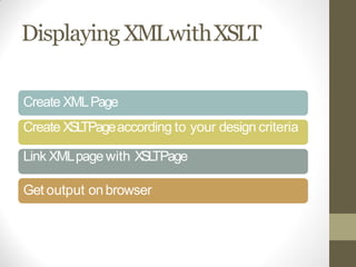 DisplayingXMLwithXSLT
Create XMLPage
Create XSLTPageaccording to your design criteria
Link XMLpagewith XSLTPage
Get output onbrowser
 