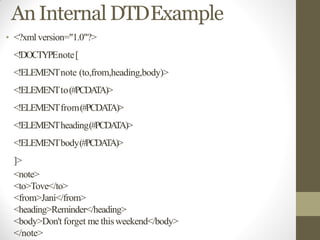 AnInternal DTDExample
• <?xmlversion="1.0"?>
<!DOCTYPEnote[
<!ELEMENTnote (to,from,heading,body)>
<!ELEMENTto(#PCDATA)>
<!ELEMENTfrom(#PCDATA)>
<!ELEMENTheading(#PCDATA)>
<!ELEMENTbody(#PCDATA)>
]>
<note>
<to>Tove</to>
<from>Jani</from>
<heading>Reminder</heading>
<body>Don't forget me thisweekend</body>
</note>
 
